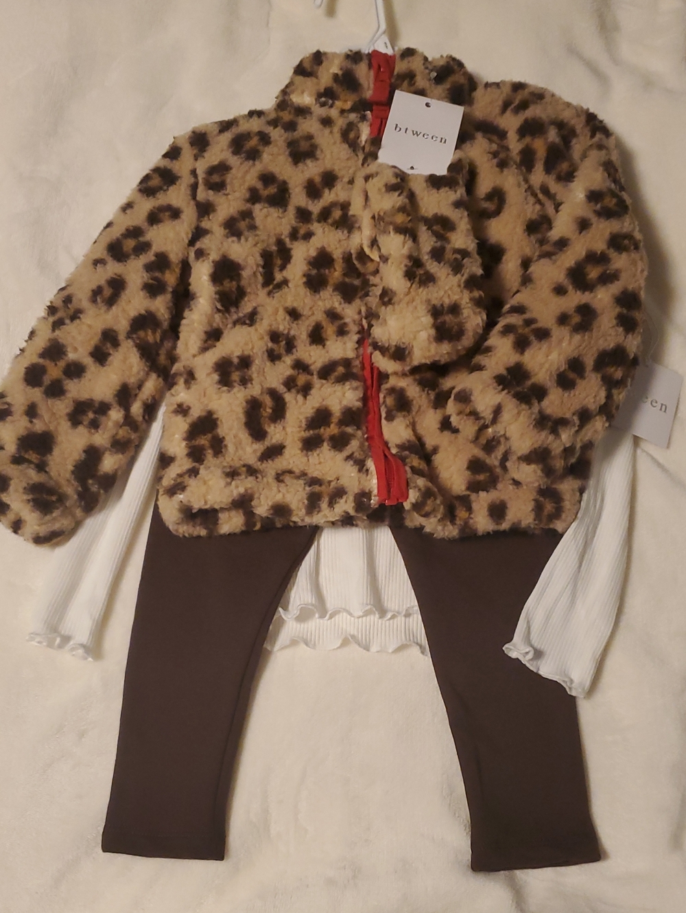 btween Leopard Print Fuzzy Jacket Set with White Top and Brown Leggings